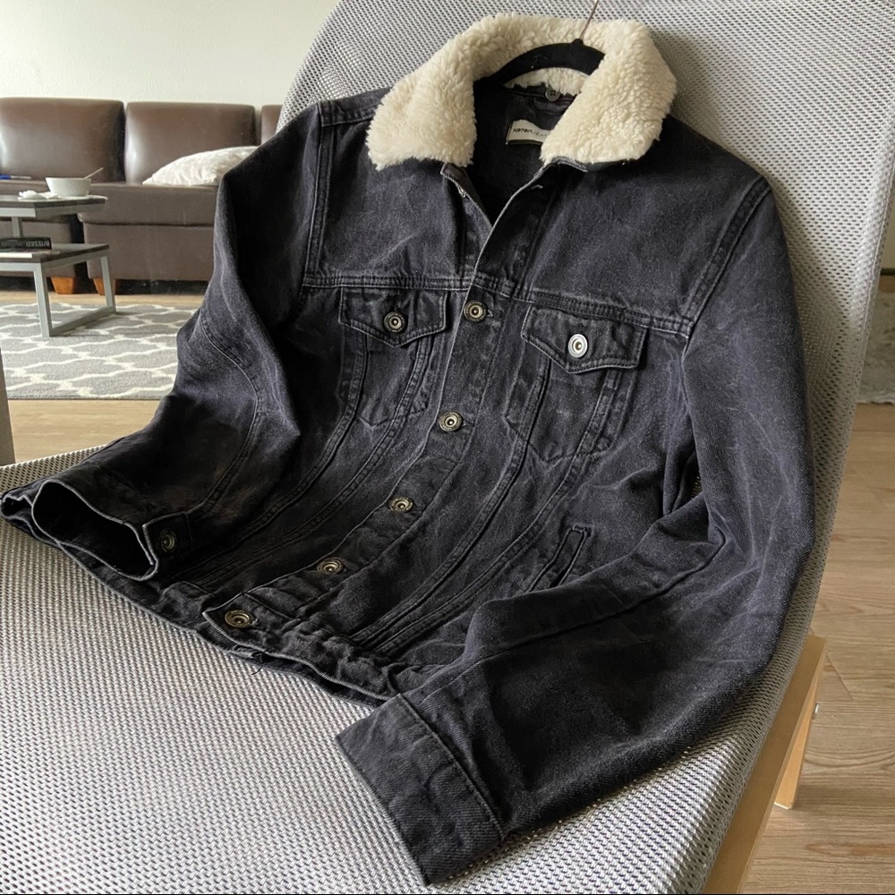 Washed Black Denim Jacket with Detachable Faux Fur